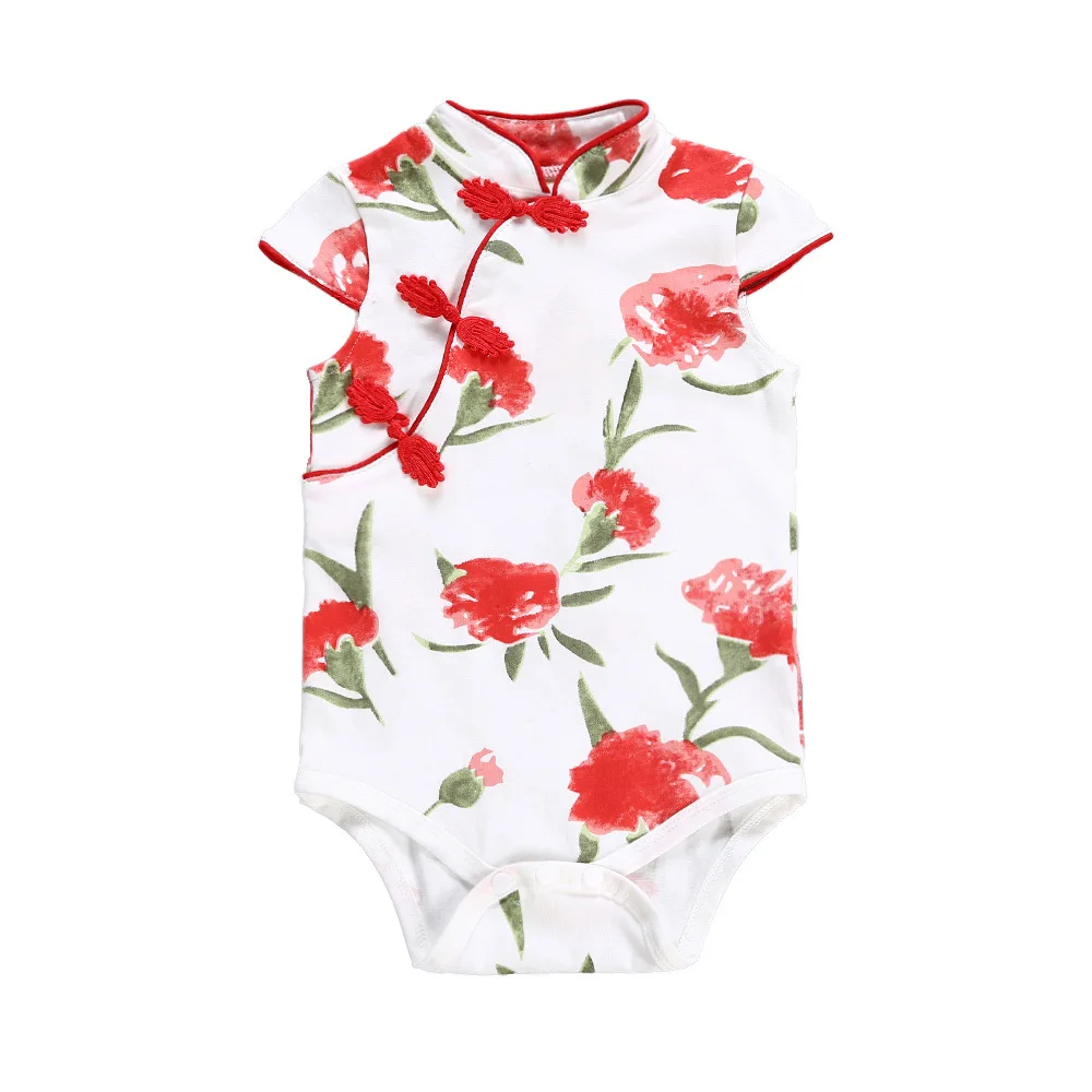 Baby Bodysuits are cool Baby Girls Cheongsam Short Sleeve Romper Outfit Chinese Flower Printed Qipao Jumpsuit One Piece Sleeveless Summer Festival Dress Newborn Knitting Romper Hooded  Baby Rompers