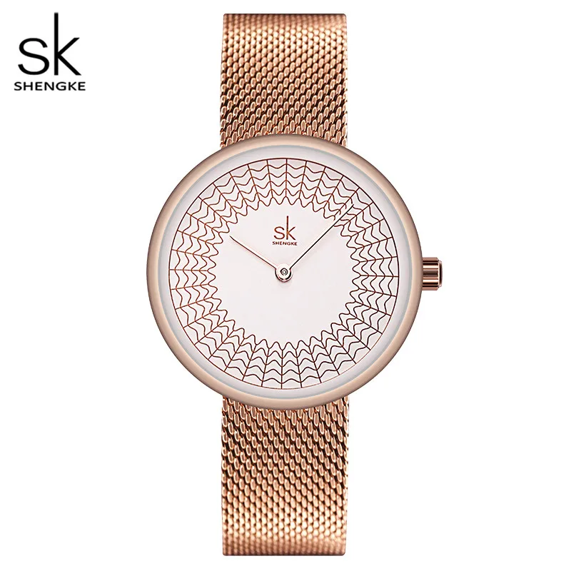 Роскошные женские повседневные часы розовое золото Женские кварцевые наручные часы SHENGKE брендовые водонепроницаемые элегантные деловые модные женские часы - Цвет: Rose Gold