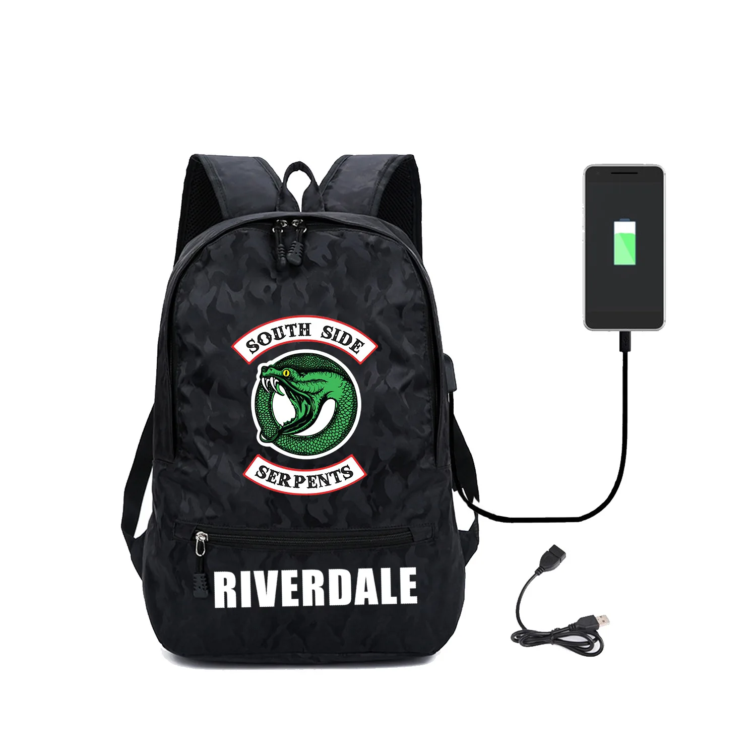 

Riverdale South Side Serpents Cosplay Backpack with USB Port / Lock / Headphones Travel School Student Shoulder Bag