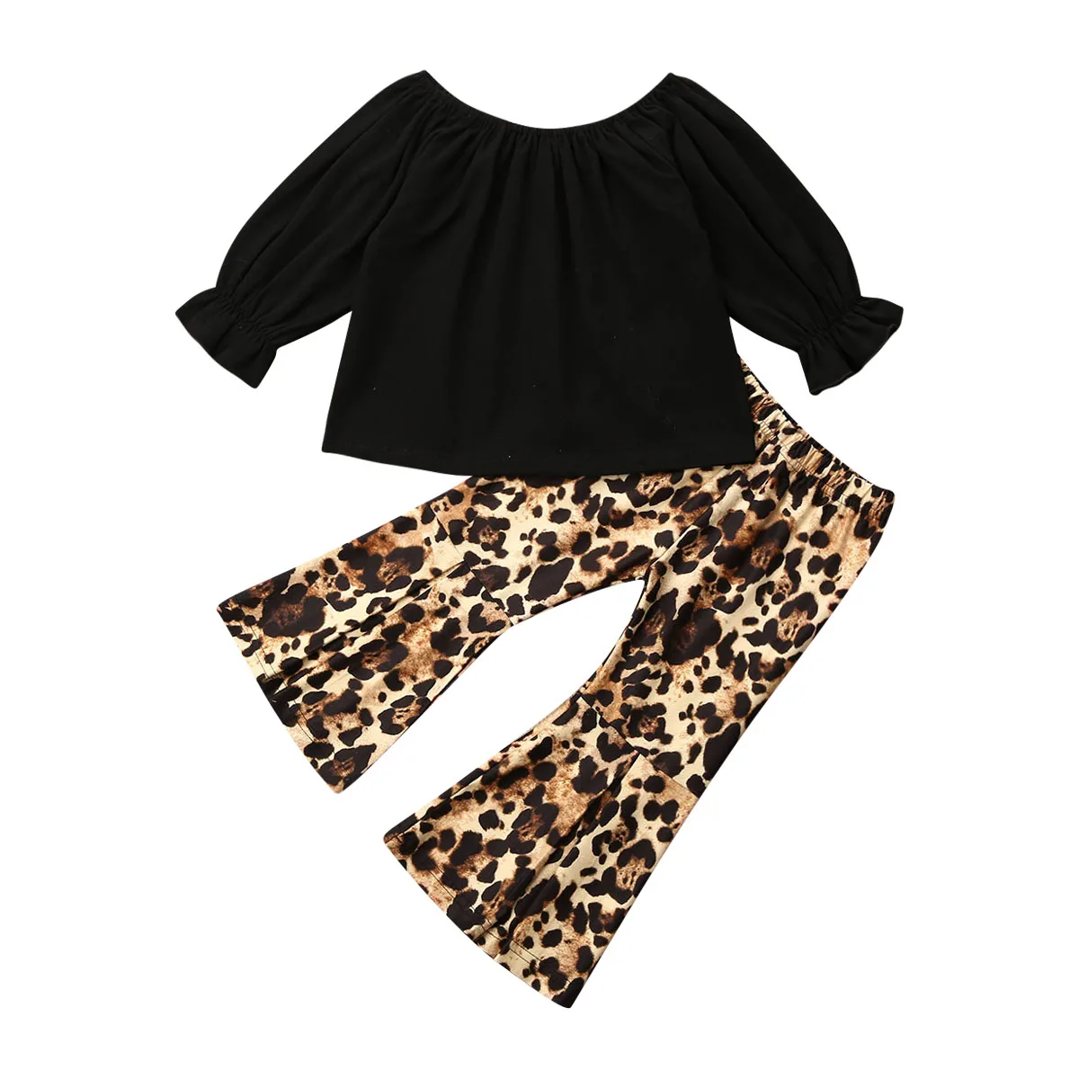 

1-6Y Leopard Toddler Baby Kid Baby Girl Clothing Set Long Sleeve Ruffle Tops T-shirt Flared Pants Black Outfit Autumn Spring Set