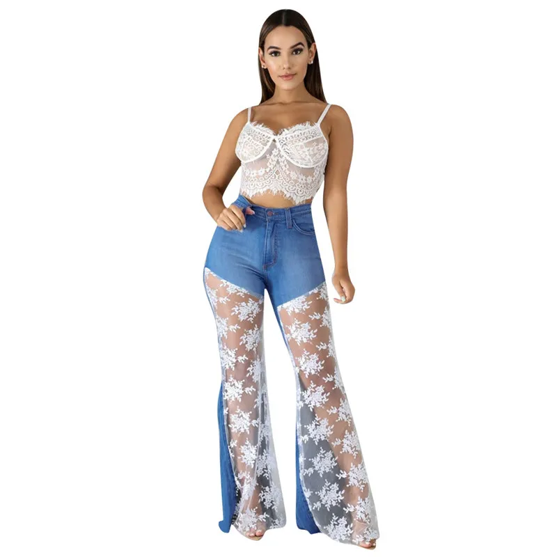 Adogirl Women Autumn High Waist Casual Zipper Lace Patchwork Hollow Out Jeans Splicing Denim Fashion Bell-bottoms Pants