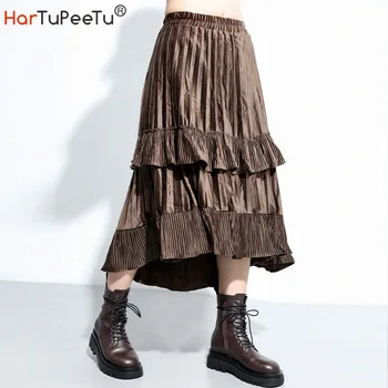 

Women Pleated Midi Skirts 2020 Elegant Plus Size Elastic High Waist Long Skirts Autumn Layered Irregular Design Ruffles Pleuche