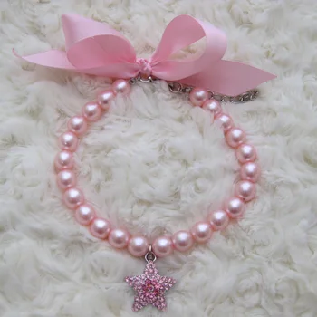 

Pink dog pet pearls necklace collar with rhinestones star charm,pet jewelry
