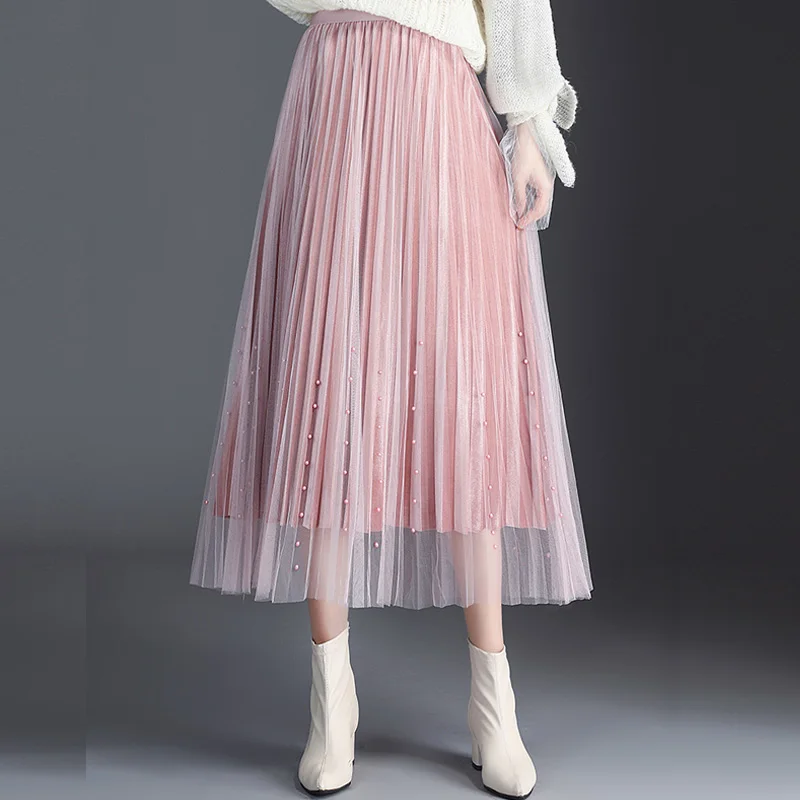 

Autumn Winter Pearls Metallic Velvet Long Pleated Skirt Sweet Beaded Pleuche Patchwork A-line Mesh Mid Calf Long Skirts