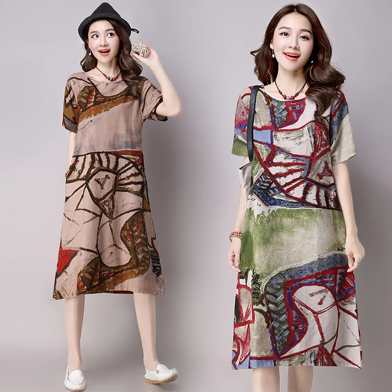 

2019 Ethnic-Style Printed Dress for Woman Loose And Plus-sized Mid-length Summer Holiday