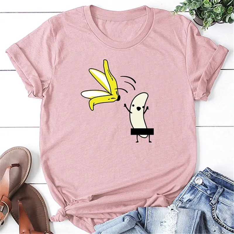 Pink Женские повседневные футболки с графическим рисунком, женские летние футболки и топы из полиэстера, Харадзюку, банан с бананом, Fuuny Kawaii, футболки - Цвет: Pink