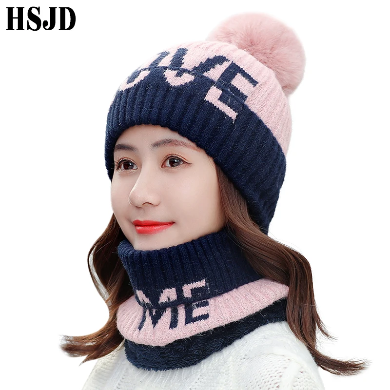

2Pcs Women's Knitted Hat Scarf Set New Letter LOVE Crochet Winter Warm Velvet Lining Knit Female Cap Bonnet Skullies Beanies hat