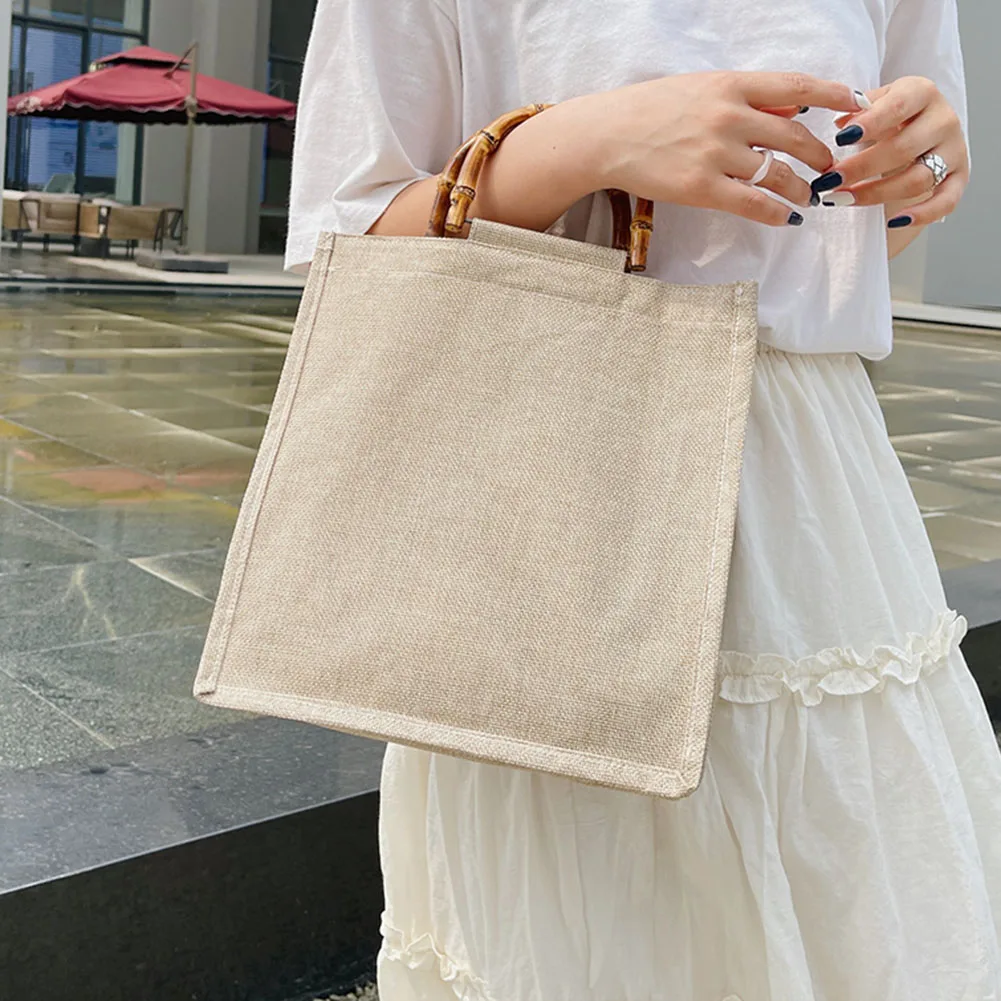 Portable Burlap Jute Tote Fruit Vegetable Shopping Bag Handbag Bamboo Loop Handles Reusable Tote Grocery Bags for Women Girls