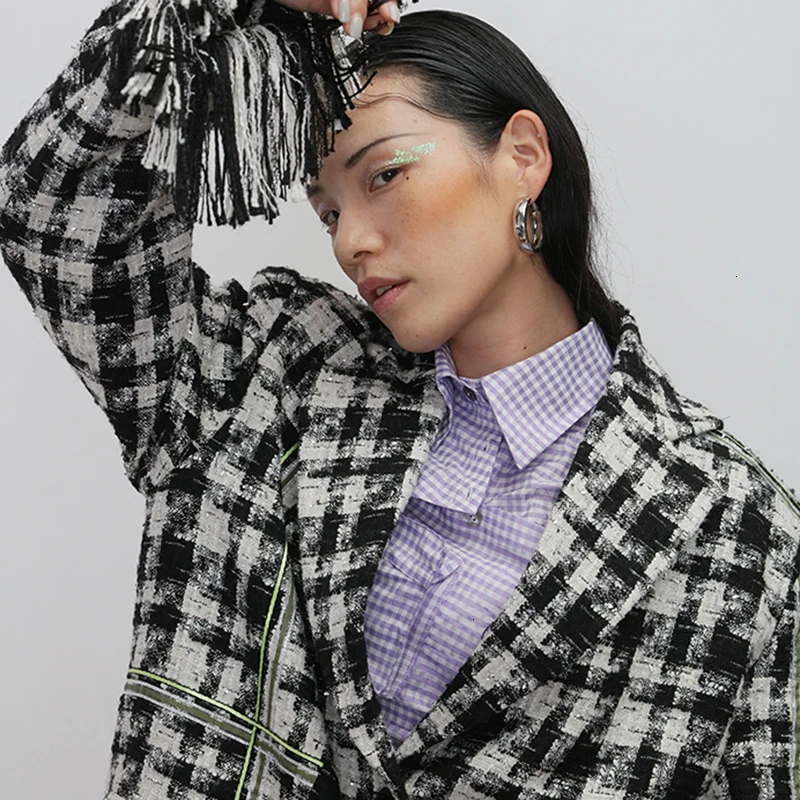 Лоскутные клетчатые пальто с кисточками для женщин, воротник с лацканами, длинные рукава, высокие куртки до талии, Женская мода, одежда