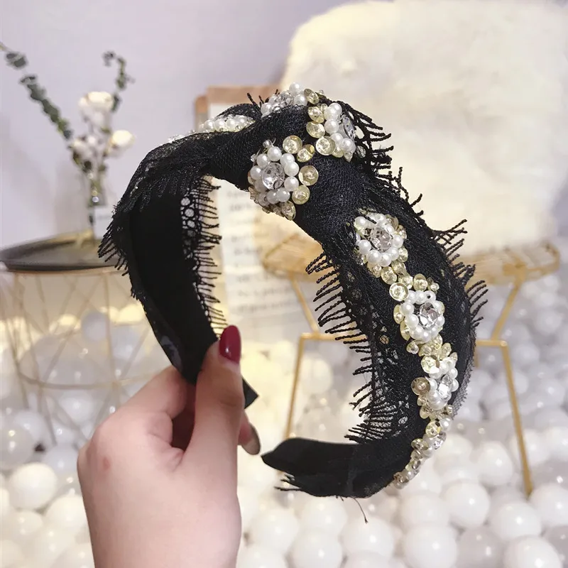High-end Hair Headband Korean Mesh Lace Hollow Set Crystal Pearl BowKnot Wide Fashion Sweet Hair Accessories For Women Headwear - Цвет: Белый