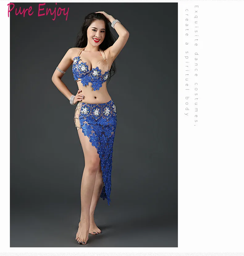 Синий Belly Dance Костюм Подходит Для B-c Кубок Бюстгальтеры Черный Красный Оранжевый Спандекс Натуральный Шелковый Атлас Женщины Восточный Танец Конкурс Роскошный Набор - Цвет: Синий