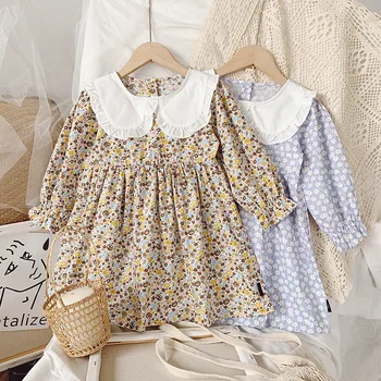 

2020 Autumn Children's Cotton Long Sleeve Peter pan Collar Vintage Floral Print Casual Girls Kids Dress vestidos