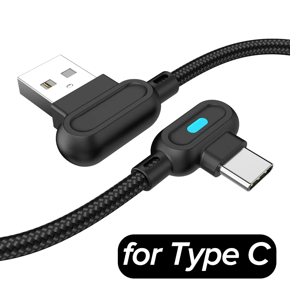 Black 1m 2m Тип usb C кабель мобильного телефона 90 градусов добыча шнур для samsung S10 S9 2.4A провод для быстрого заряда для Xiaomi 9 Redmi Note 7 K20 - Цвет: Black