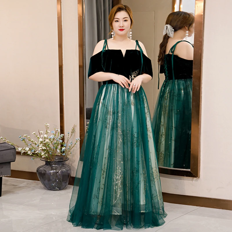 

Spaghetti Strap Sequins A-Line Evening Dress Luxurious Short Sleeves Floor-Length Boat Neck Plus Size Women Formal Gowns D863