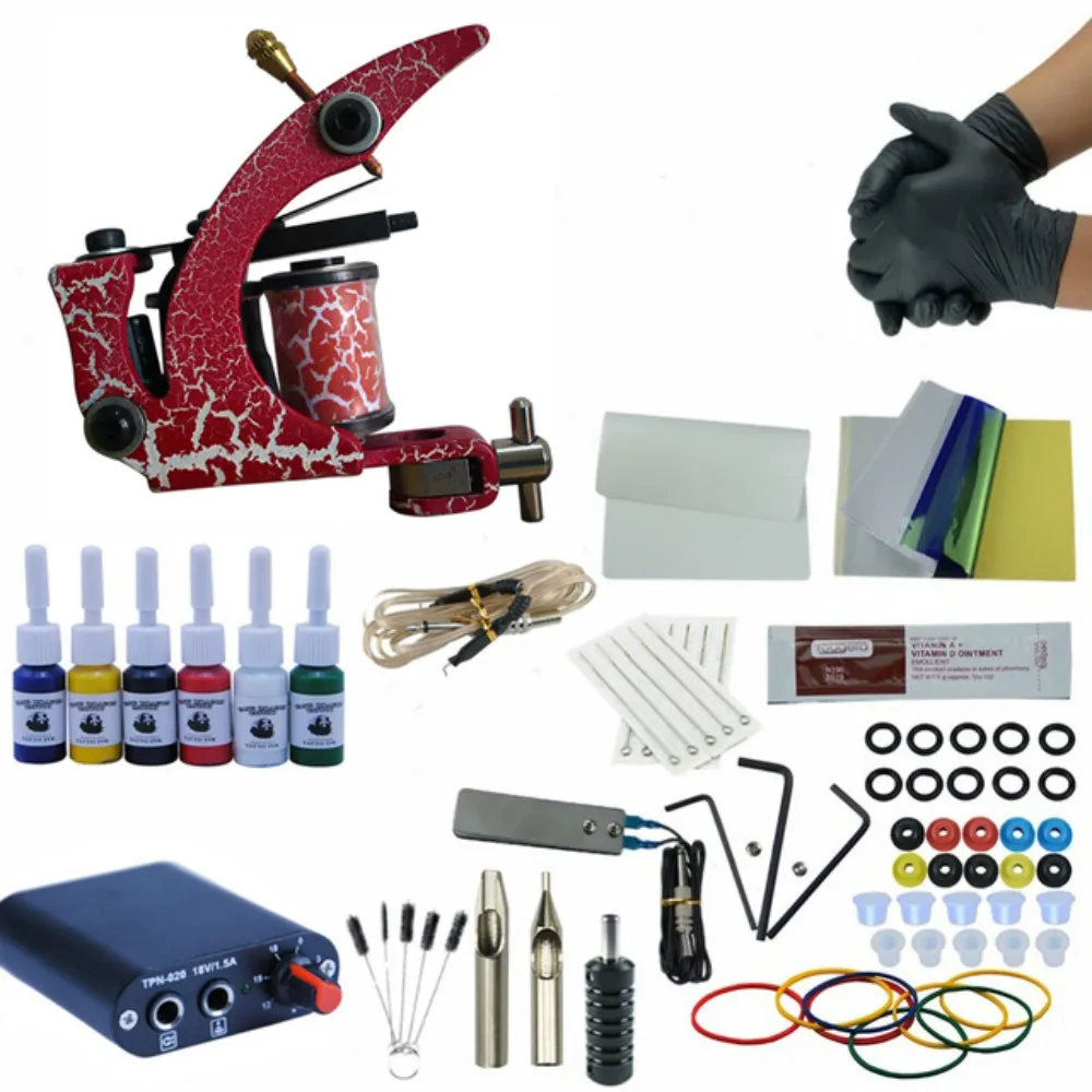 

Professional Tattoo Kit Set 1 Handmade Wire Cutting Tattoo Machine Gun Digital Tattoo Power Supply 6Colors Tattoo Inks