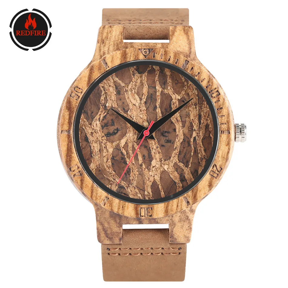 

REDFIRE Wood Watch Men Quartz Genuine Leather Wristwatch Creative Mountain Gully Display Dial Retro Mens Casual Wooden Clock