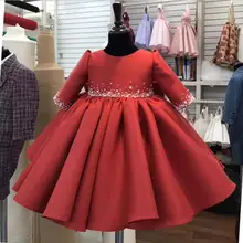 Платье принцессы для девочек; праздничное платье с цветочным узором для девочек; красная фатиновая свадебная одежда с кристаллами; вечернее платье для дня рождения; детское платье для первого причастия