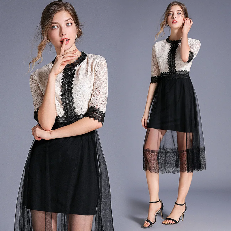 

Photo Shoot 2019 Black And White with Pattern Lace Dress Elegant Debutante Hollow out Summer Gauze Joint Slimming A- line Skirt