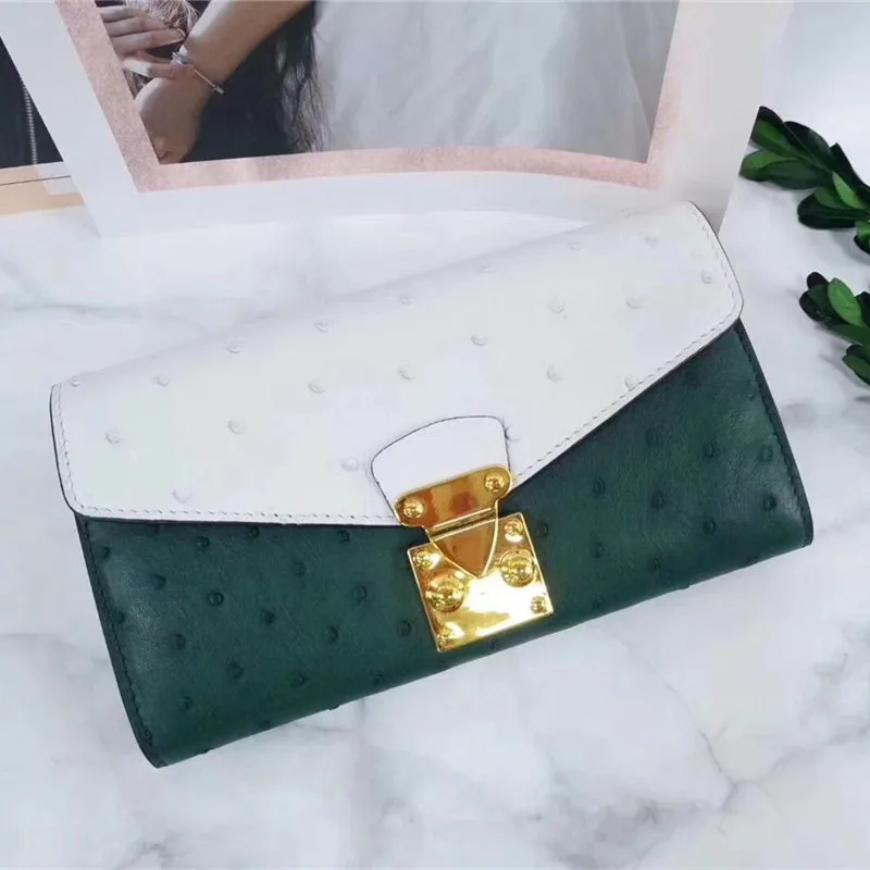 

Authentic Real Ostrich Skin Mixed-Colors Women's Large Phone Clutch Lady Long Wallet Purse Genuine Leather Female Card Holders