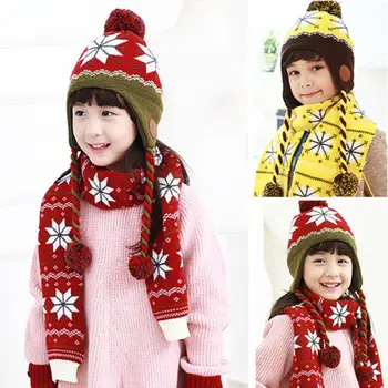 

4~12Years Toddler Kids Hat and Scarf Set Winter Warm Christmas Wool Knitted Neck WarmerWindproof Cap 4-12Years Old