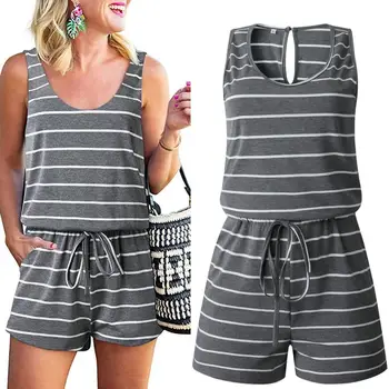 

Women Summer Casual Playsuit Loose Striped Rompers Sexy Bodysuit Female Streetwear Overalls Jumpsuit Women Drawstring Playsuits
