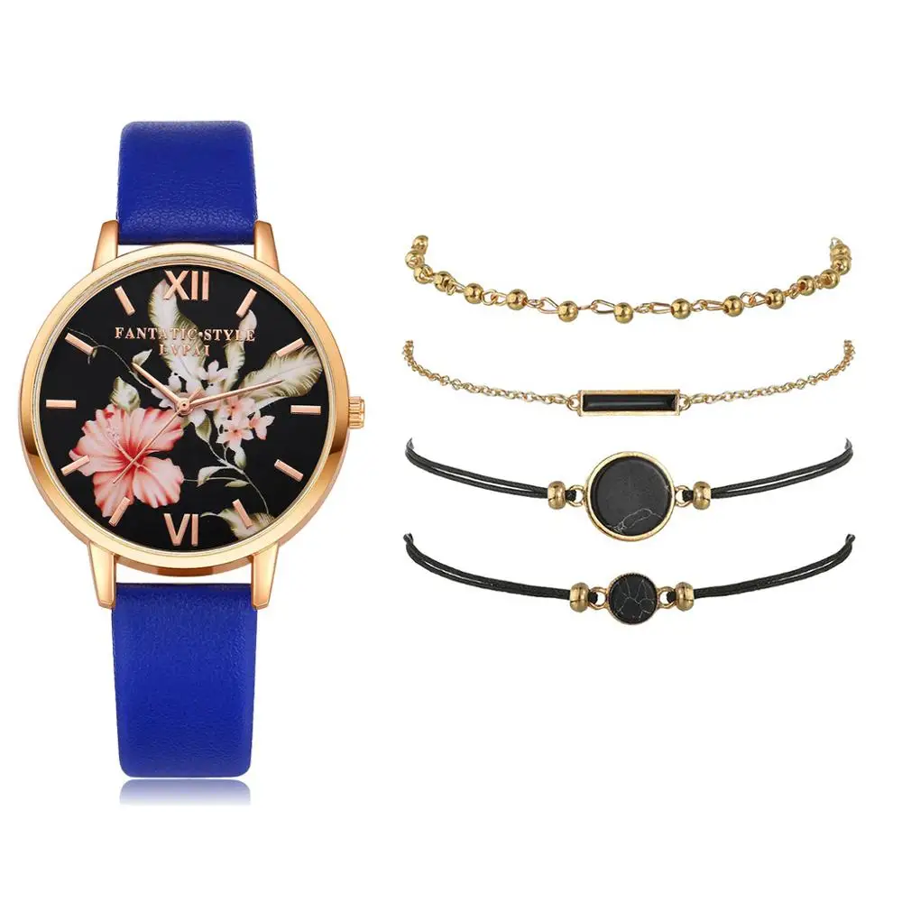 Lvpai 5 шт. набор Lvpai Брендовые женские часы браслет дамский браслет Часы повседневные кожаные кварцевые наручные часы Часы Relogio Feminino - Цвет: Blue 5pcs Set