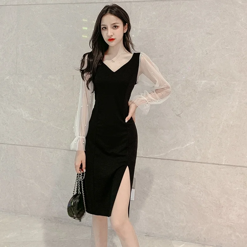 

Sexy Women Mini Dress Autumn New Fashion Dresses 2019 Mesh Stitching Black Party Dresses