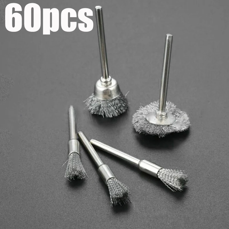 Steel Wire Wheel Brushes 60Pcs 3mm Shank For Metal Rust Removal Polishing Drill Rotary Tool wire brush,drill brush