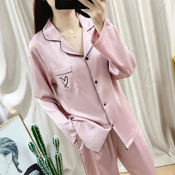 

Imitation Silk Pajamas Small Lapel Cardigan Pajamas for Women Long-sleeved Trousers Silk Two-piece Suit Ladies Ice Home Suit