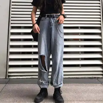 

Baggy jeans with holes big yard harbor style high street thin hip-hop style womens pants High quality womens trousers