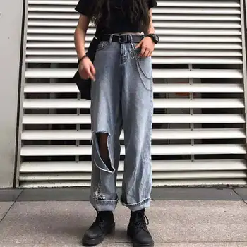 

NiceMix Baggy jeans with holes big yard harbor style high street thin hip-hop style womens pants High quality womens trousers