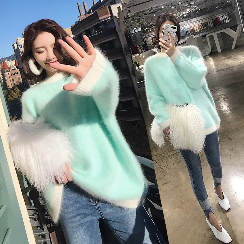 

Sweater Women Poncho 2020 Autumn Sweater Contrast Mohair Pullover Lazy Wind Loose Mink Velvet Women Light Computer Knitted Long