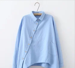 Mulheres primavera outono algodão linho blusa camisas de alta qualidade solta oblíqua placket manga longa lapela blusas femininas simples camisas