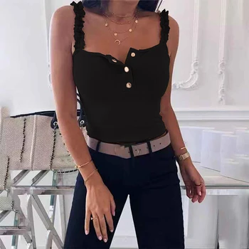 

Sexy Women Lace Vest Tshirt Summer Tops Button Camisole T Shirt Fashion Ladies Black Halter Solid Tees Harajuku Clothes SJ5605V