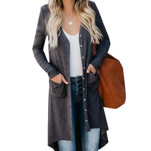 Dark Gray Модный осенний женский кардиган, длинный, Одноцветный, на пуговицах, с длинным рукавом, вязаный кардиган, свитер, пальто, верхняя одежда - Цвет: Dark Gray