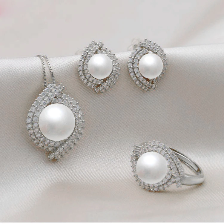 Platinum set MeiBaPJ Настоящее серебро 925 проба Подсолнух ювелирный набор подвеска с большой жемчужиной кольцо серьги Свадебные украшения для женщин - Цвет камня: Platinum set