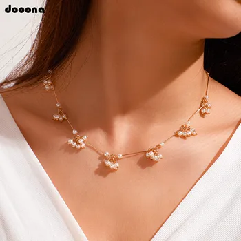 

docona Elegant Gold Pearl Flower Pendant Necklace for Women Ladies Metal Floral Chains Necklaces Collares Party Jewelry 8870