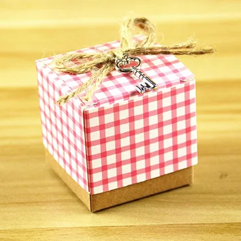 

50pcs Plaid Candy Box Bag Chocolate Paper Gift Box For Birthday Wedding Party Favor Decor Supplies DIY Key Design With Rope