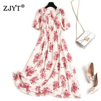 

Elegant Lady Chiffon Dress Summer Style 2020 New Woman Clothes Bow Collar Ruffle Floral Print Casual Beach Holiday Dresses