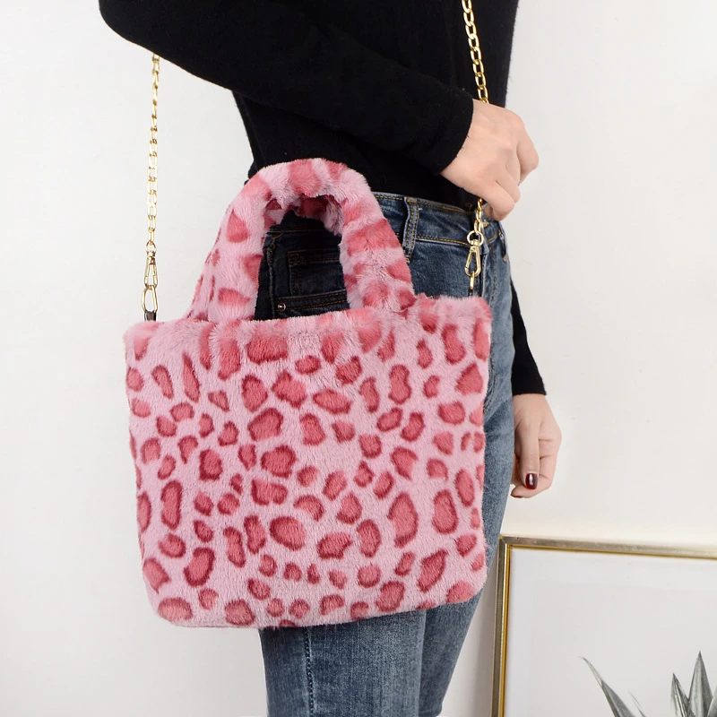 Fashion Women Shoulder Bag Plush Totes Leopard Cartoon Messenger Handbag Satchel