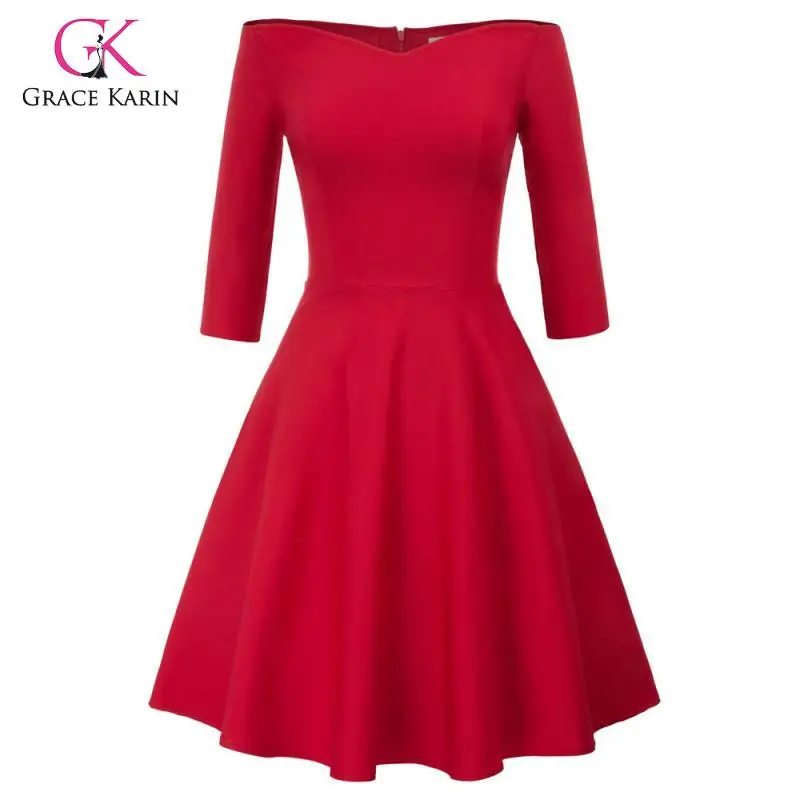 

Grace Karin Retro Solid V-Neck Dress Women Stretchy A Line Off Shoulder Design Sexy Swing Summer Dress For Party Plus Size