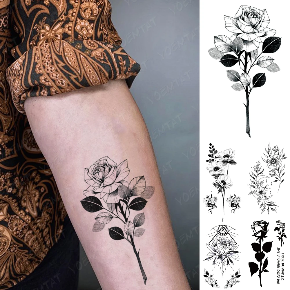 Tatouage Rose Sur La Main Femme Tatouage temporaire, autocollant Rose noir, étanche, Flash, fleurs, main,  bras, poignet, faux tatouage, Art corporel pour femmes et hommes |  AliExpress