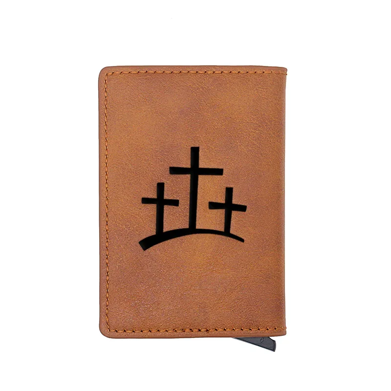 

Vintage Bronze Cross Design ID Credit Card Wallets Mini Short Purse Aluminium Leather Small Money Bag