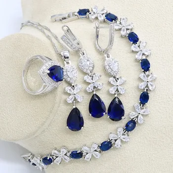 

Silver Color Color Jewelry Sets Natural Blue Cubic Zirconia For Women Long Earrings/Ring/Pendant/Necklace Bracelets Set