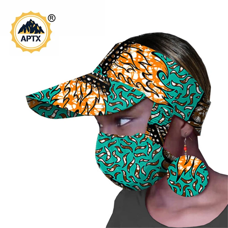 

2020 New Women African Ankara Print Matching Hat Earrings and Mask Custom Handmade African Maching Mask 3 Piece Sets A20H005