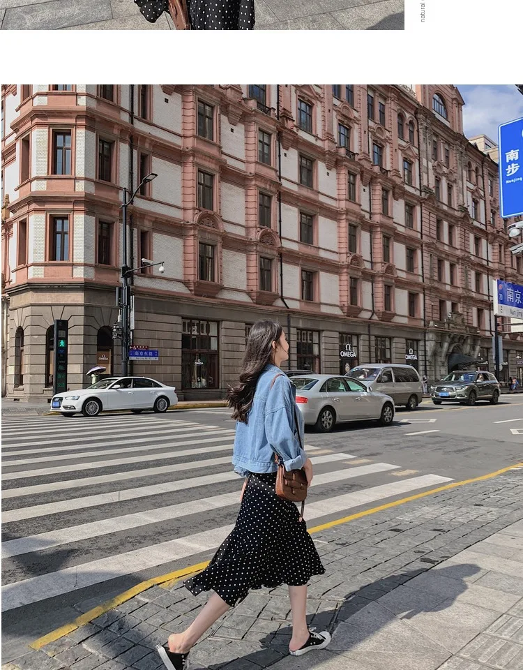 Для фотосессии, Южная Корея, Ulzzang, осенняя одежда, джинсовая синяя куртка, короткое пальто, женская юбка в горошек с оборками, комплект из двух предметов