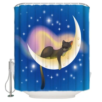 

WARMTOUR Shower Curtain Moon Cat Bath Curtains Bathroom Decor with Hooks