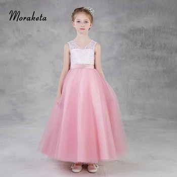

Pink Long Kids Formal Dresses For Weddings V-neck Sleeveless Ball Gown Princess Tulle Flower Girl Dresses