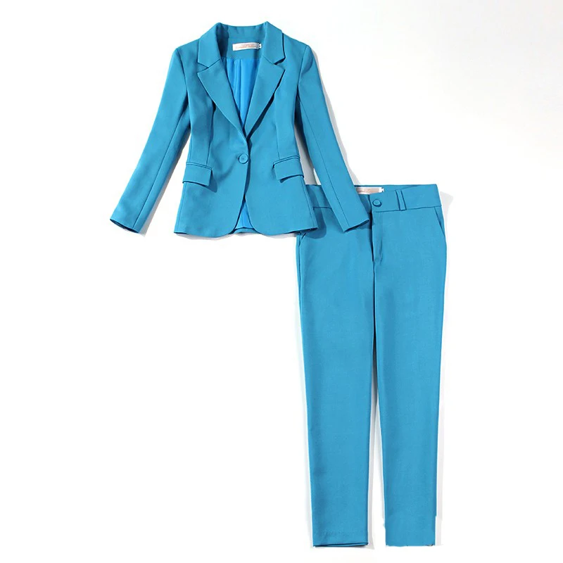 

Casual temperament solid color ladies suits Spring and autumn new slim sky blue jacket suit Women's office slim trouser suit