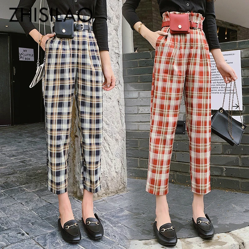 

High Waist Plaid Pants Women Vintage Lattice Trousers With Sashes Harem Straight Pants Autumn Spring 2019 Casual Pantalon Femme